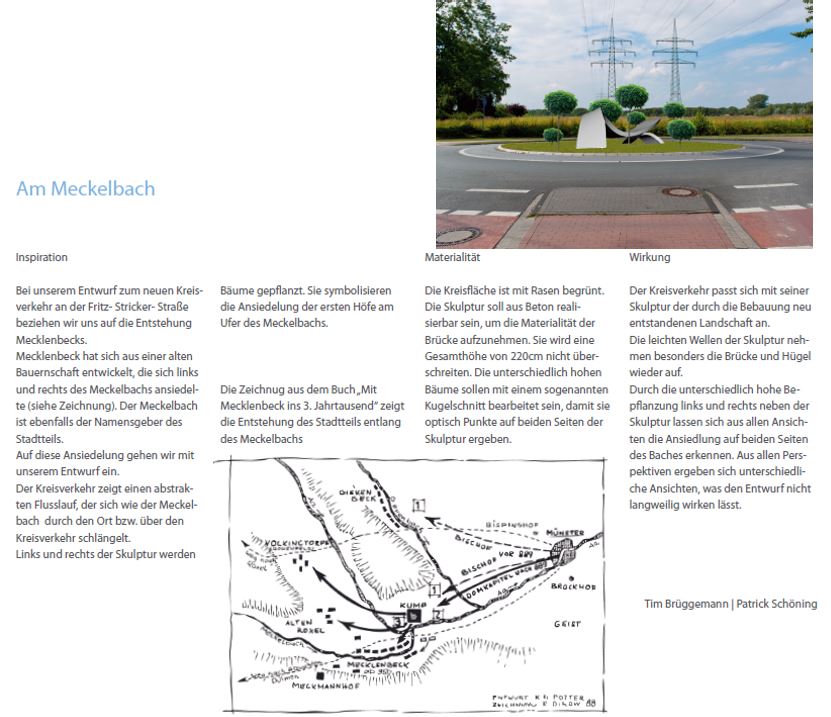 Entwurfsbeschreibung entnommen der Broschre zum Wettbewerb fr die Kreisverkehrgestaltung Mecklenbeck im Jahre 2012 der Akademie Gestaltung im Handwerk Mnster, Echemeyerstrae 2, 48163 Mnster